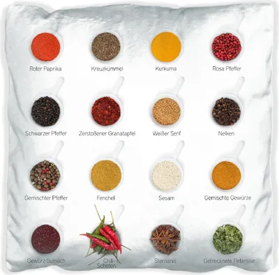 Produktbild von Wallario Premium Kissen, weiche Oberfläche, mit Motiv Welt der Gewürze - Übersicht über verschiedenen Gewürze, Größe: 40 x 40 cm, mit weißer Rückseite