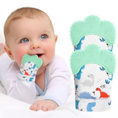 Produktbild von Baby Beißhandschuhe 2 Stück BPA Frei Silikon Grüner Dinosaurier 0-6 Monate