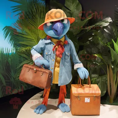 Produktbild von Orangefarbener REDBROKOLY Papagei Maskottchen Kostüm charakter bekleidet mit einem Chambray-Hemd und Handtaschen