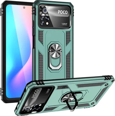 Obrázek produktu pro Pouzdro pro Xiaomi Poco X4 Pro 5G dvouvrstvé robustní, vojenská ochrana pouzdro s držákem prstenu a stojánkem zelené