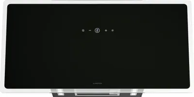 A top-down view of a black and white range hood with touch controls.