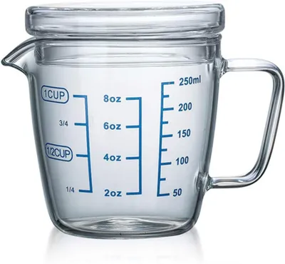 Imagen del producto de Vaso medidor de vidrio de 250 ml, apto para microondas, con tapa, escala de medición en ml, oz y tazas, ideal para la cocina