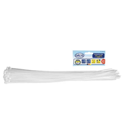 Obrázok produktu pre alca® káblové pásky 3,6*300 mm 100 ks biele 18 kg pevnosť v ťahu odolné voči UV žiareniu pre vnútorné a vonkajšie upevnenie káblov nylon odolný voči teplote