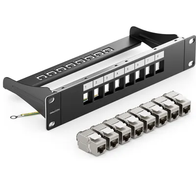 Produktbild von deleyCON 8 Port Patchpanel Set Patchfeld Modular 1 HE 10" Zoll Rackeinbau + 8x RJ45 Keystone Module CAT6a Kompatibel mit CAT5 CAT6 CAT7 LAN Netzwerkkabel Verlegekabel Schwarz