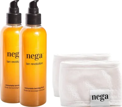 Obrázok produktu pre Darčeková sada na opaľovanie: 2×150 ml fluid + 2× bavlnená čelenka (biela), prírodná starostlivosť, vegánska sada – 2xNegatanpaket-bel