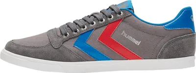 A side view of a single gray sneaker with blue and red accents.