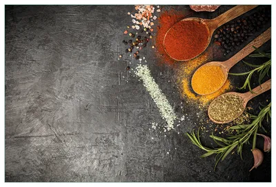 Produktbild von Wallario Küchenrückwand aus Glas, Größe: 90 x 60 cm, Motiv: Löffel mit verschiedenen Gewürzen | Spritzschutz | abwischbar | pflegeleicht | in