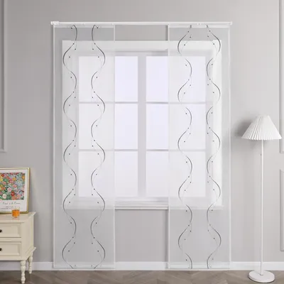 Produktbild von Joyswahl 2er Set Schiebegardinen mit Klettband Modern Flächenvorhänge mit Wellenperlenmuster Stickerei Voile Schiebevorhang BxH 57x145cm Transparent Grau Gardine 2 Stück