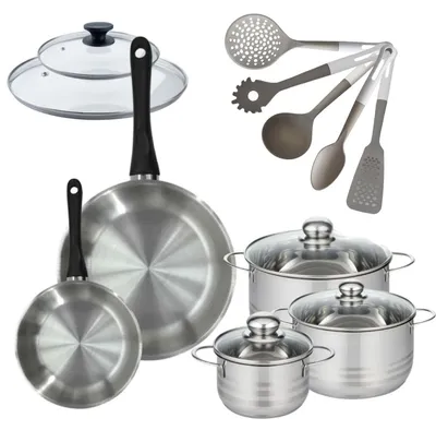 Image de Lot de 2 Poêles 20/28 cm Fackelmann Geneva avec 3 Faitouts 16/20/24 cm et 5 ustensiles