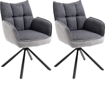 Two dark gray and light gray upholstered dining chairs with black metal bases are shown against a white background.
