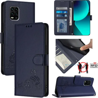 Produktbild von Leder Hülle für Xiaomi Mi 10 Lite 5G Süße Katze Flip Case Brieftasche Schutzhülle mit Standfunktion Blau