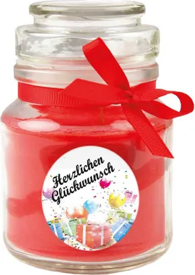 Zdjęcie produktu dla Świeczka zapachowa w słoiku "Happy Birthday", zapach: Rose (czerwony), 120g - pali się do 30 godzin