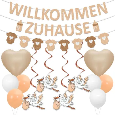 Productafbeelding van Baby Welkom Thuis Decoratieset: Girlande, vlaggen, ballonnen, caramelbruin, wit