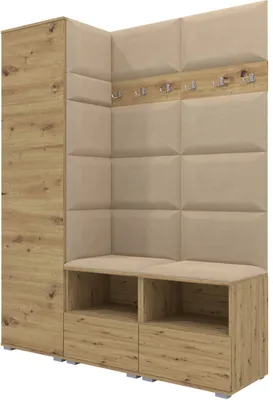 Produktbild von Garderoben-Set Nela II, Polstergarderobe mit zwei Schuhschränke, Flurmöbel mit Hochschrank (Farbe: Artisan Eiche + Trinity 04 (Beige))