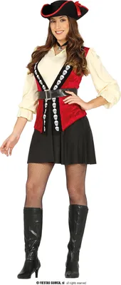 A woman is posing in a pirate costume against a white background.