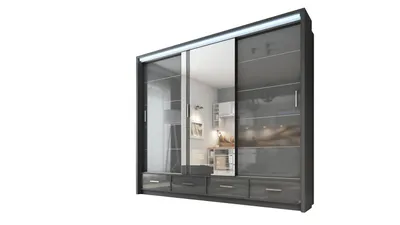 Produktbild von Halbglanz Gross Grau Schiebeschrank mit Spiegel Kleiderschrank SYCYLIA 250 CM + LED