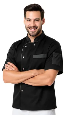 Produktbild von Clinotest Herren Kochjacke Kurzarm – 95°C waschbar & kochfest, Bäckerjacke mit Druckknopfverschluss, 65% Polyester, 35% Baumwolle, Pflegeleichte Kochkleidung für Restaurant, Hotel & Gastronomie – Schw