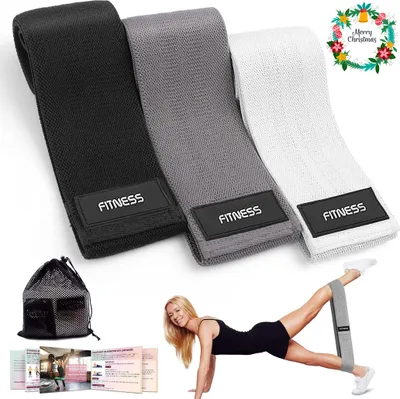 Three resistance bands of different colors are displayed next to a mesh bag, some informational pamphlets, and a woman demonstrating the use of one of the bands.