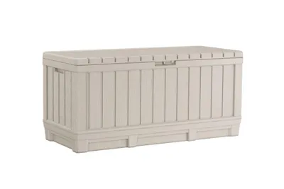 Produktbild von Keter Gartentruhe KENTWOOD – 350L – wetterfest – helles Beige Holzoptik – Sitzbank bis 200kg – abschließbar – UV-beständig – 128×53,6×59 cm
