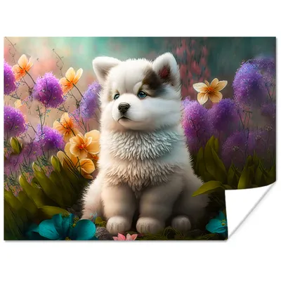 Produktbild von MuchoWow® Poster Welpe - Blumen - Pflanzen - Natur - Husky 160x120 cm - Foto Plakat
