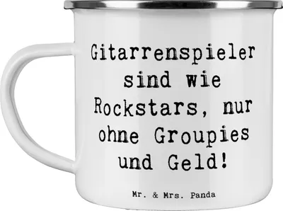 Produktbild von Mr. & Mrs. Panda Emaille Tasse Spruch Gitarre Helden - Weiß - Geschenk, Abenteuer, Freiheit, Teetasse, Pott, Kaffeepott, Musik, Musiker, Akustik, Liebe, Outdoor, Lernen