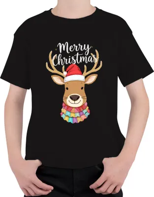 Produktbild von Merry Christmas Weihnachten Rentier Nikolausmütze niedlich bunt Uni Kinder T-Shirt, Schwarz, 104