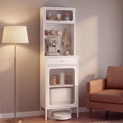 Produktbild von Highboard HWC-P99, Hochschrank Küchenschrank Saugrobotergarage, Staufächer Metall Glas 182x54x40cm weiß