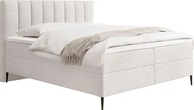 Produktbild von Boxspringbett mit Bettkasten – Polsterbett 160 x 200 cm mit H4 Taschenfederkern 7-Zonen Matratze & 5 cm Topper – Stauraumbett mit hohem Kopfteil & Metallfüße – Boucle Weiß
