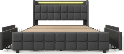 Immagine prodotto di okwish Letto matrimoniale imbottito 160x200 cm, con poggiatesta dotato di funzione di ricarica USB, illuminazione a LED, 4 cassetti, letto con contenitore, rete in legno, grigio (senza materasso)