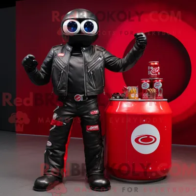 Obrázok produktu pre Maskot spoločnosti REDBROKOLY, znázornený ako červená plechovka od limonády, oblečená v motorkárskej bunde a s inteligentnými hodinkami