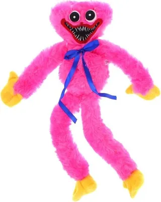 A pink plush toy with yellow hands and feet and a blue bow.