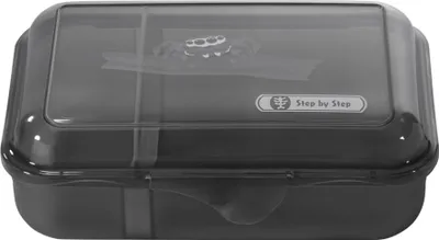 A dark gray lunchbox with a transparent lid, shown from a front-diagonal angle against a white background.
