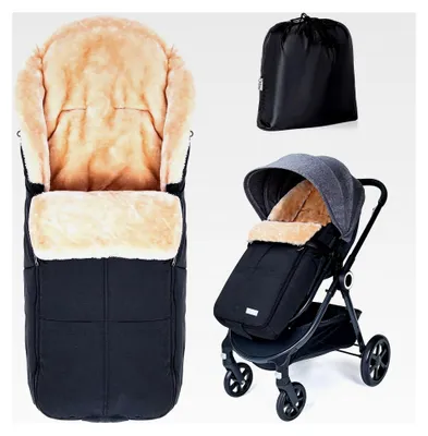 Produktbild von Fußsack für Buggy, Künstliches Lammfell, Winter Fußsack für Kinderwagen, Abnehmbar, Universell einsetzbar, Wasserdicht, Maschinenwaschbar, Schwarz
