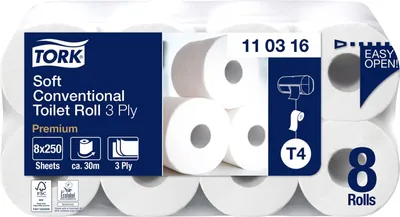 Zdjęcie produktu dla Tork® 110316 Papier toaletowy Premium, wyjątkowo miękki - 3-warstwowy z ozdobnym tłoczeniem, biały, opakowanie 9 x 8 rolek