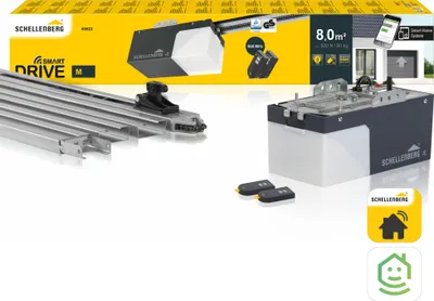 A product shot of a garage door opener system and its components, presented in a marketing style with illustrative elements.