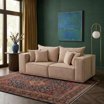 Image de Canapé trois places pour salon, style moderne, couleur marron, structure en bois, coussins moelleux