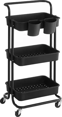 Produktbild von In And OutdoorMatch Trolley Virgil - 3 Ebenen - Servierwagen - Küchenwagen - mit Griff - 2 kleine Hängefächer - 2 Bremsen - Aufbewahrungsfächer aus Kunststoff - Schwarz