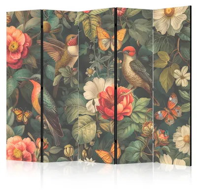 Produktbild von Muralo Beidseitig bedruckter PARAVENT 5-teilig Raumteiler klappbar VÖGEL UND BLUMEN BOHO 225cmx172cm