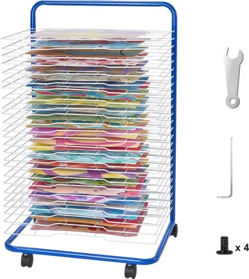 Obrázok produktu pre SucceBuy Art Trockengestell - 25 herausnehmbare Regale, 23,75 x 17,5 x 38 Zoll, feststellbare Räder, Karbonstahl für Kunstwerke, Blau+Weiß