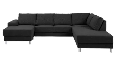 Produktbild von Calverton Ecksofa mit rechts gewendeten Ottomane in anthrazit grauen Stoff und Chrom Beinen.