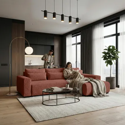 Produktbild von BEAUTYSOFA | Ecksofa BENNY L mit Schlaffunktion und Bettkasten, Orange – Ottomane rechts – Modernes Polstersofa