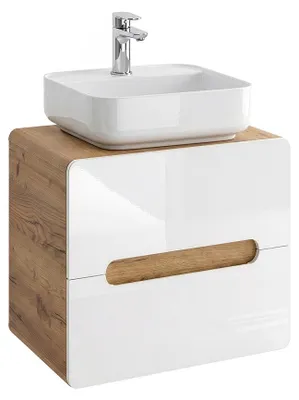 Produktbild von Waschtischunterschrank 60 cm mit 40 cm Keramik-Waschtisch LUTON-56 Hochglanz weiß mit Wotan Eiche Nb. B/H/T ca. 60/67/46 cm