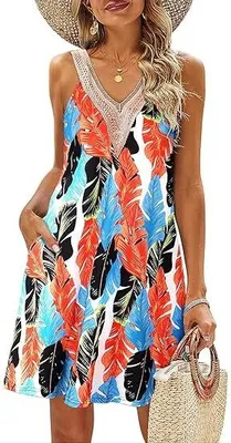 Produktbild von Sommerkleider für Damen - Strandkleid mit V-Ausschnitt und Spitze, Tropenmuster, ärmellos, kurz, mit Taschen, F