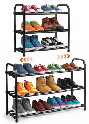Immagine prodotto di Scaffale per scarpe, 3 ripiani, salvaspazio, regolabile, in metallo nero