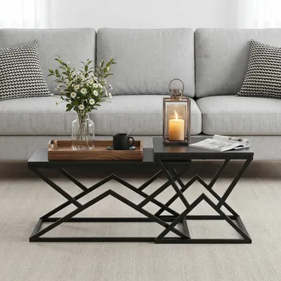 Produktbild von Clinvia Schwarzer, moderner, geometrischer Couchtisch – Holzplatte mit stabilem Metallgestell – Cocktailtisch & Beistelltisch im Industrial-Stil für das Wohnzimmer