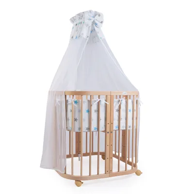 Produktbild von Waldin Babybett Kinderbett 7in1 mit Matratze, mitwachsendes Kinder-Bett,Stoffe Sterne blau,Holz natur
