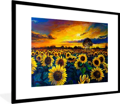 Produktbild von MuchoWow® Gerahmtes Poster Gemälde - Ölfarbe - Blumen - Sonnenblume 80x60 cm - Poster mit Schwarzem Bilderrahmen Wandposter Rahmen Foto Bilder - Schlafzimmer-Dekorationen - Fotoposter