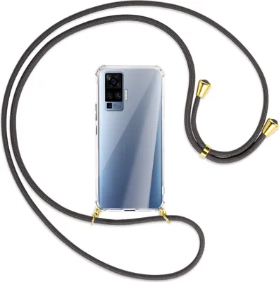 Produktbild von Handykette Backcover-Schutzhülle mit Band (Metall goldfarben) für vivo X50 Pro, X51 5G - dunkelgrau