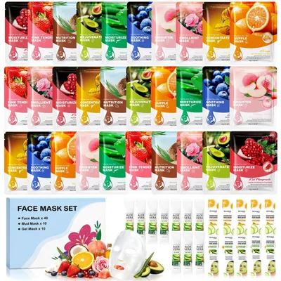Produktbild von Gesichtsmaske Set Gesichtsmasken Tuchmasken - 60-teilig - Tuchmasken, Schlammasken und Gelmasken - Für alle Hauttypen