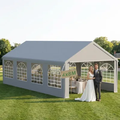 Productafbeelding van UISEBRT 4MX8M Grijs partytent, paviljoen met stalen buisframe, afneembare zijwanden met ramen, gereedschapsvrije montage, geschikt voor tuinfeesten en bruiloften